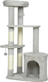 PawHut Drapak 114 cm wieża dla kota z kryjówką, słupki sizalowe, platforma, wielopoziomowy dla średnich kotów do 6 kg, Jasnoszary