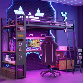 Łóżko piętrowe dla dzieci - 90 x 200 cm - rama żelazna - z diodami LED + biurko + półka + port USB - metalowe - czarne