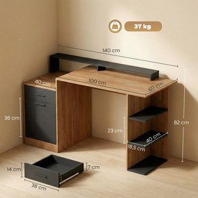HOMCOM Biurko komputerowe z miejscem na przechowywanie i półkami, nowoczesne biurko do biura i gabinetu, 140 cm, dąb | Aosom PL
