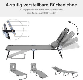 Outsunny Leżak z otworem na twarz i poduszkami, składany, wodoodporne pokrycie, metalowa rama, Ciemnoszary