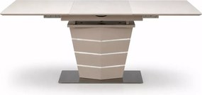 Beżowy stół Sorbus rozkładany 140–180 cm – prostokątny MDF lakierowany i szkło, styl glamour stalowa podstawa