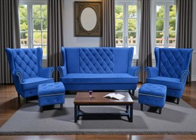 Elegancki tapicerowany zestaw wypoczynkowy - sofa uszak 3 os + 2x Fotel uszak + 2x Podnóżek