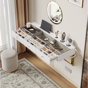 Toaletka wisząca bez lustra LED - z 3 szufladami - 120 x 40 x 45 cm - blat szklany - MDF + szkło - biała