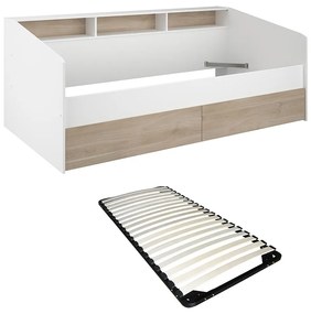 Łóżko 90 x 190/200 cm ze skrzynią i - Biały i naturalny + Stelaż - PAULETTE