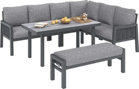 Salon Ogrodowy XL 8 Osób - Zestaw Jadalniany Narożny z Dużym Stołem i Ławką - Ręcznie Pleciony Sznur - Stal Ocynkowana i Szkło - Antracytowy Szary