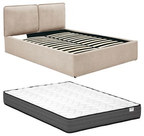 Łóżko ze skrzynią ze zdejmowanym pokrowcem 140 x 190 cm - Tkanina - Beżowy + Materac - TENESE