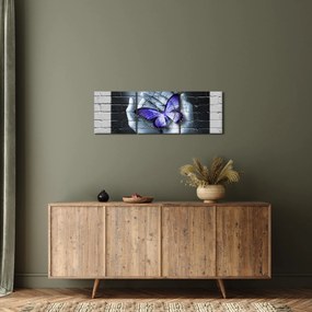 Obraz - Fioletowy motyl na ścianie (z zegarem) (90x30 cm)
