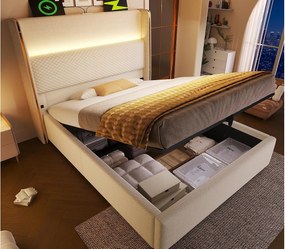 Łóżko z boxem pikowane 90x200 cm - z oświetleniem LED - z portami USB i Type-C - tkanina lniana - Beżowy (bez materaca)