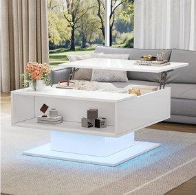 Stolik kawowy z podnoszonym blatem - 80 x 75 x 40 cm - podnośnik hydrauliczny - ze schowkiem + diody LED - płyta wiórowa - biały