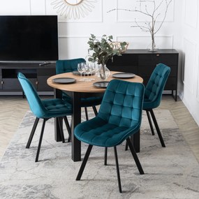 Zestaw Stół Okrągły Rozkładany HARRY 102-142 cm Dąb Craft/Czarny i 4 Krzesła Tapicerowane RICK Turkusowe Nowoczesne