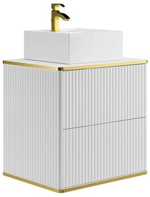 Podwieszana szafka łazienkowa  prążkowana ze złotym paskiem z kwadratową umywalką nablatową - Biała - L60 cm - KELIZA