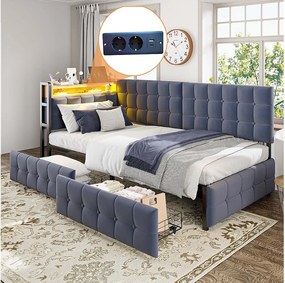 Sofa dziecięca z funkcją spania - 90 x 200 cm - z 2 szufladami + diodami LED + USB + typu C - aksamit + metal + sklejka + MDF - szary