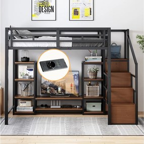 Łóżko piętrowe 140 x 200 cm ze szafką RTV, schowkiem, gniazdkiem elektrycznym i drabinką - Metal i MDF - Czarne (Materac nie jest wliczony w cenę)