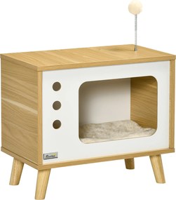 PawHut Legowisko dla kotów TV Design Zmywalna poduszka Zabawka Dąb Beż Bielszy 50x28x43cm | Aosom PL