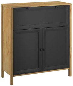 Komoda Dwudrzwiowa z Szufladą Drewniana do Salonu NORIA 88 cm Dąb craft złoty/czarny Loft