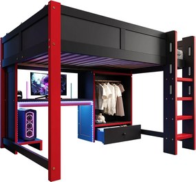 Łóżko na antresoli 140x200cm - z oświetleniem LED - z biurkiem - z drabiną i szafą - z 1 szufladą - czarny + czerwony​ (materac nie jest wliczony w cenę)