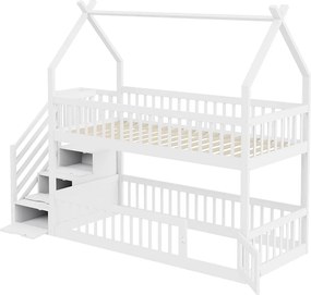 Łóżka piętrowe dla dzieci - 2 x 90 x 200 - ze schodkami do przechowywania + barierkami + dachem - drewniane - białe