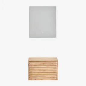 Zestaw Mebli Łazienkowych Wiszących Na Ścianie Z Drewna Deleyna Naturalna & Without Sink & Prostokątna Lampa Led I Przeciwmgielna - Sklum