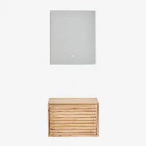 Zestaw Wiszących Mebli Łazienkowych 60x45 Cm Z Drewna Deleyna Naturalna & Bez Umywalki & Prostokątna Lampa Led I Przeciwmgielna 60x70 Cm - Sklum