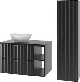 Czarny Zestaw Łazienkowy 80cm Szafka z Blatem Regał Umywalka Słupek Ryflowane Fronty Arcos