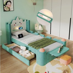 Łóżko tapicerowane 90 x 200 cm z 1 odwracalną szufladą, lampką do czytania, portem USB, składaną półką - Aksamit - Kaczy błękit (Materac nie jest wliczony w cenę)