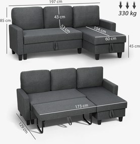 HOMCOM Narożnik z funkcją spania i pojemnikiem w kształcie L Sofa z chaiselongue, regulowane oparcie do salonu | Aosom PL