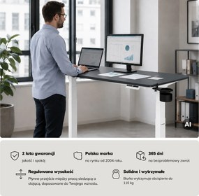 Biurko elektryczne z regulacją wysokości ergonomiczne biało-antracytowe,1400x700 mm: ARIA