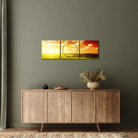 Obraz łąki ze świecącym słońcem (z zegarem) (90x30 cm)