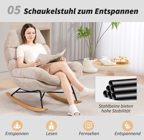 HOMCOM Tapicerowany fotel bujany z nogami stalowymi i drewnianymi płozami, kremowy