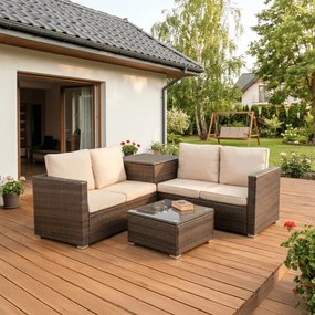 Zestaw Mebli Ogrodowych NEGRO Brązowy/Beżowy Narożnik Stolik Tarasowy Technorattan Nowoczesny