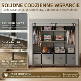 HOMCOM Szafa z tkaniny, drzwi, 2 drążki na ubrania, 10 przegródek, Szary