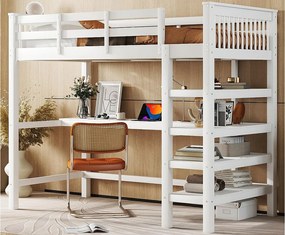 Łóżko mezzanine 90x200cm z drewna - z biurkiem i półką na przechowywanie - Białe