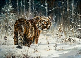 Obraz na szkle - Tygrys w zaśnieżonym lesie, obraz olejny (70x50 cm)
