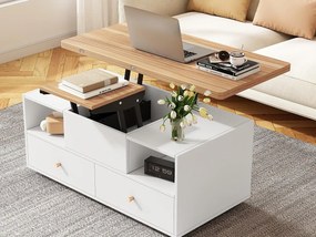 Stolik kawowy 100×50×47.5 cm - z funkcją składania - 4 szuflady - z obrotowymi kółkami - biały + naturalny