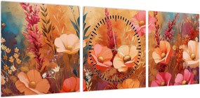 Obraz - Kwiaty łąkowe, malarstwo (z zegarem) (90x30 cm)