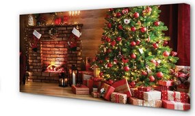 Fotoobraz na płótnie Kominek, Choinka, Prezenty i Lampki