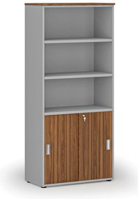 Szafa biurowa kombinowana PRIMO GRAY, drzwi przesuwne na 2 poziomach, 800 x 420 x 1781 mm, szary/orzech