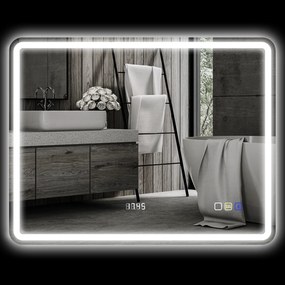 HOMCOM Lustro łazienkowe z oświetleniem LED, funkcją przeciwmgielną, 3 regulowanymi kolorami światła, zegarem, 700 x 900 mm, Srebrne