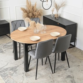 Zestaw Stół Okrągły Rozkładany HARRY 102-142 cm Dąb Craft/Czarny i 4 Krzesła Tapicerowane ROBIN Szare Nowoczesne