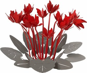 Dekoracyjna ozdoba Cyklamen Ø38 cm z żelaza w kolorze mud i czerwonym, nowoczesny wzór kwiatowy na stół lub do salonu, made in Italy