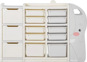 Szafka do Przechowywania Zabawek dla Dzieci SucceBuy, 4-poziomowa w Kształcie Słonia, z 10 Wyjmowanymi Plastikowymi Pojemnikami, do Pokoju Zabaw, Szara i Beżowa