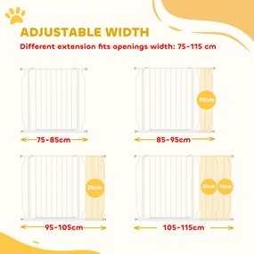 PawHut Bramka Ochronna dla Psów, Montaż na Zacisk, Regulowana Długość, Stal/ABS, 75-115 x 76cm, Biała