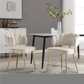 Zestaw 2 krzeseł do jadalni z aksamitu w kolorze kości słoniowej z tapicerowanym oparciem i złotymi metalowymi nogami