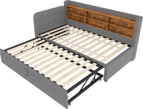 Łóżko wysuwane 90/180 x 200 cm - Łóżko podwójne z podłokietnikami i ładowarką USB - szara pościel - materac nie jest wliczony w cenę