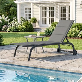 Outsunny Leżak oddychający ogrodowy z 6-stopniową regulacją oparcia, kółkami, aluminiową ramą, ciemnoszary | Aosom PL