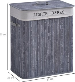 HOMCOM Elegancki Kosz na Pranie z Bambusa z Podziałem na Jasne/Ciemne Ubrania, z Pralnym Workiem, Szary