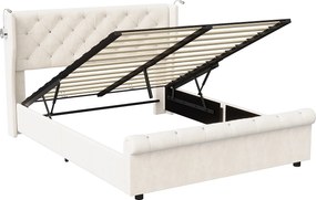 Łóżko 160x200 cm z pojemnikiem na pościel, zagłówkiem, lampką do czytania z ładowaniem przez USB, stelażem z listew, ramą łóżka