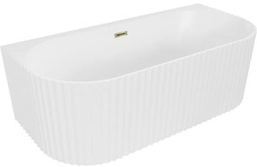 Mexen Sella wanna wolnostojąca przyścienna ryflowana 150 x 75 cm, biała mat, przelew złoty - 52711507501-50