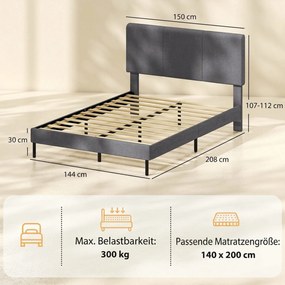 HOMCOM Stelaż łóżka 140 x 200 cm z regulowanym wezgłowiem, tapicerowane łóżko w wyglądzie lnu z 12 listwami | Aosom PL