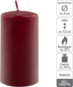 Zestaw świec słupkowych, 11,5 cm, Ø 6 cm, bordowy, 12 szt